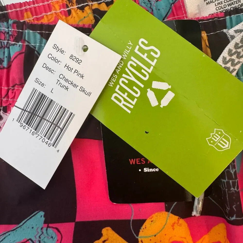 NWT Wes & Willy Youth Boys Check Skull Swim Trunks vibrant multicolored Large